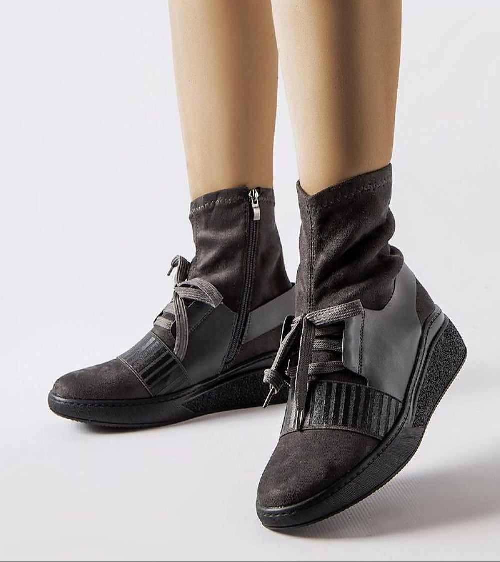 Calvera Grey Knit Platform Boots featuring soft grey eco-suede, sporty charm, and comfortable platform sole with medium heel.