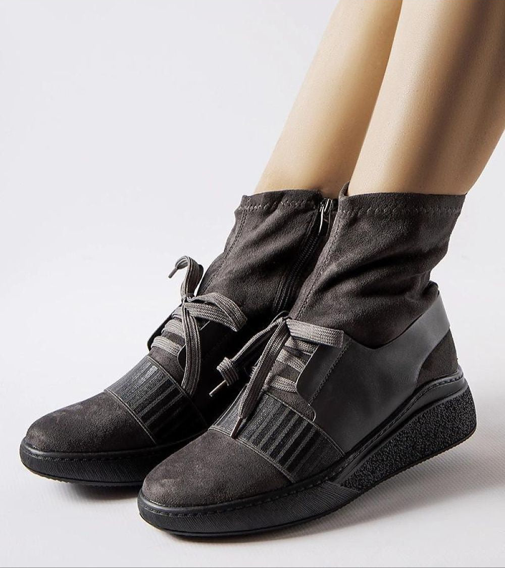 Calvera Grey Knit Platform Boots with eco-suede and sock-style upper, featuring a rounded toe and comfortable platform sole.