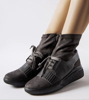 Calvera Grey Knit Platform Boots with eco-suede and sock-style upper, featuring a rounded toe and comfortable platform sole.