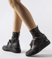 Calvera Grey Knit Platform Boots with ankle-hugging sock-style upper, grey eco-suede, rounded toe, medium heel, and sporty charm.