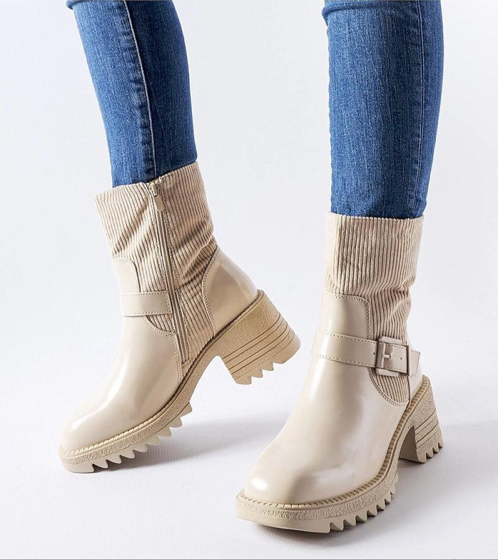 Maressa Insulated Beige Ankle Boots with Block Heel and Eco Leather, Styled with Jeans