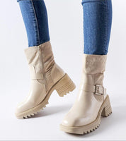 Maressa Insulated Beige Ankle Boots with Block Heel and Eco Leather, Styled with Jeans