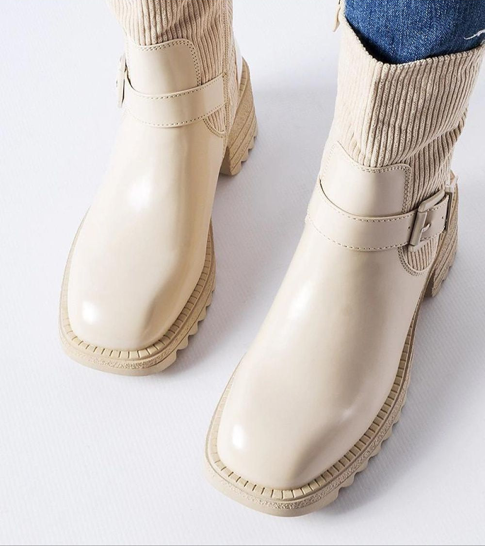 Beige Maressa Insulated Ankle Boots with block heel and rounded toe, crafted in eco leather, providing style and warmth for all seasons.
