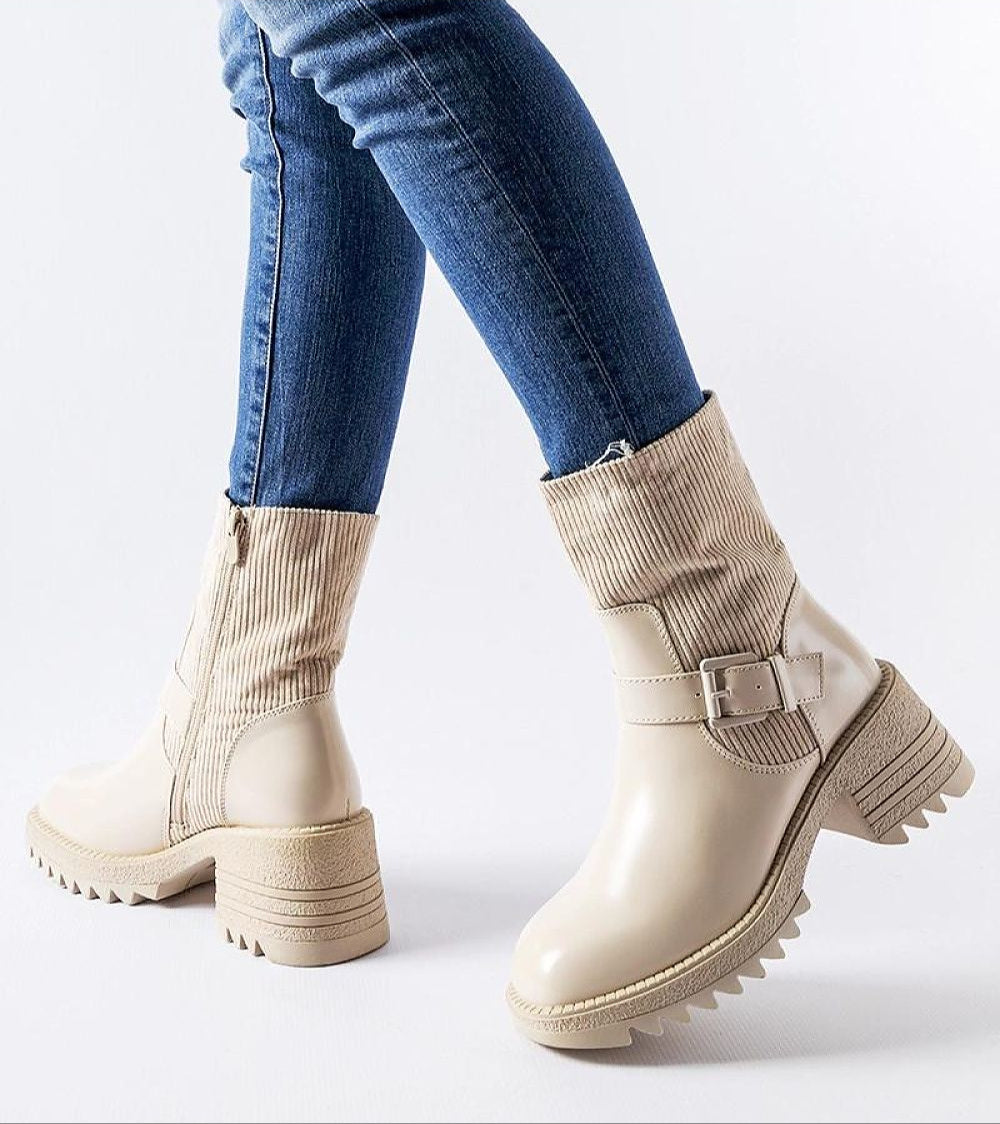Beige Maressa Insulated Ankle Boots with block heel and buckle detail, styled with blue jeans, offering warmth and style.
