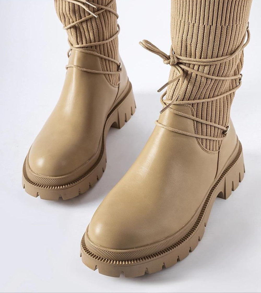 Calmira Beige Sock Boots with round toe and sculpted sole, featuring a 5.5 cm heel, perfect for winter urban style and comfort.
