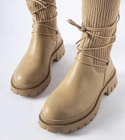 Calmira Beige Sock Boots with round toe and sculpted sole, featuring a 5.5 cm heel, perfect for winter urban style and comfort.