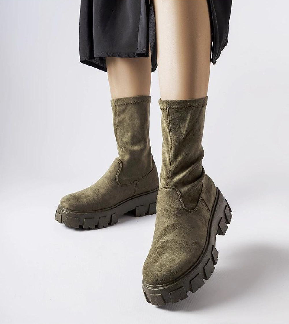Verossa Eco-Suede Sock Boots with a minimalist design in green, featuring a 5.5 cm heel and durable rubber sole for all-day comfort.