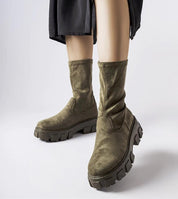 Verossa Eco-Suede Sock Boots with a minimalist design in green, featuring a 5.5 cm heel and durable rubber sole for all-day comfort.