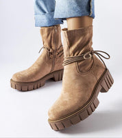 Beige Veronea Zipped Bonded Boots with eco leather, side zipper, and decorative lacing, providing warmth and style.