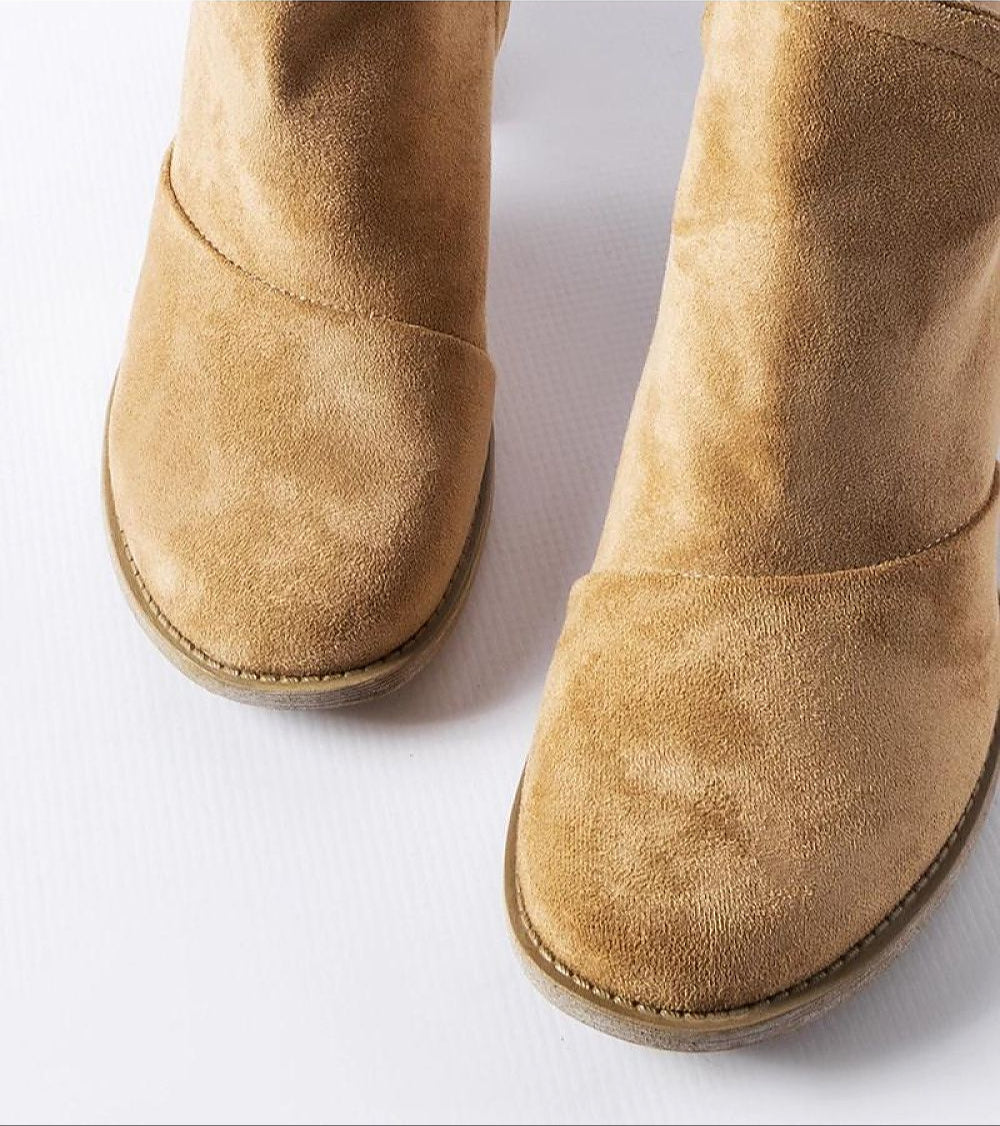 Top view of Artemisia Eco Leather Heel Boots in tan suede with a contrasting beige sole, featuring a stylish and comfortable design.
