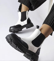 Albany Two-Tone Rubber Platform Boots in black and beige, featuring a 5 cm heel, weather-resistant eco leather, minimal design.