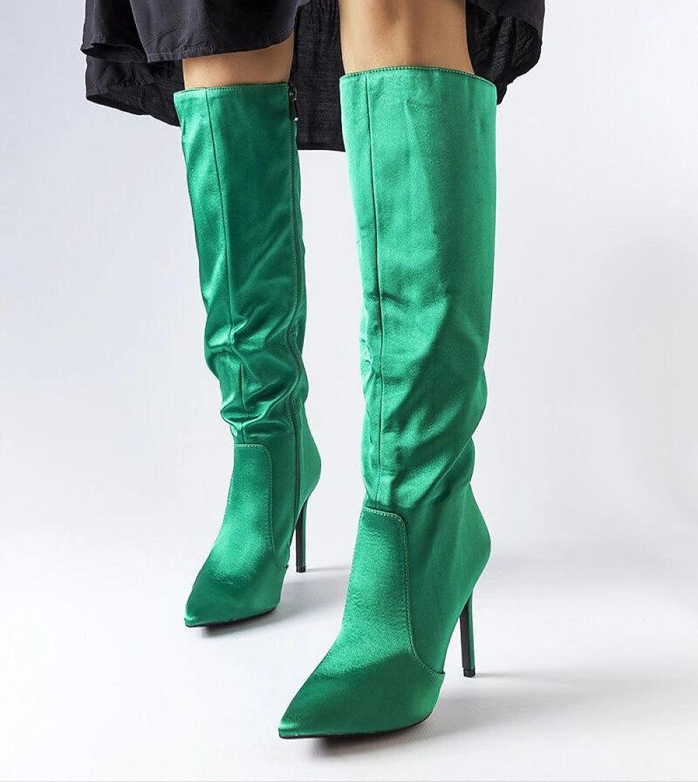 Marlengo Deep Green Stiletto Boots with pointed toe and 11 cm heels, featuring side zipper. Ideal for autumn and spring fashion.