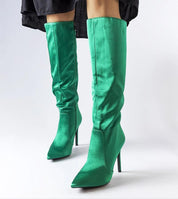 Marlengo Deep Green Stiletto Boots with pointed toe and 11 cm heels, featuring side zipper. Ideal for autumn and spring fashion.