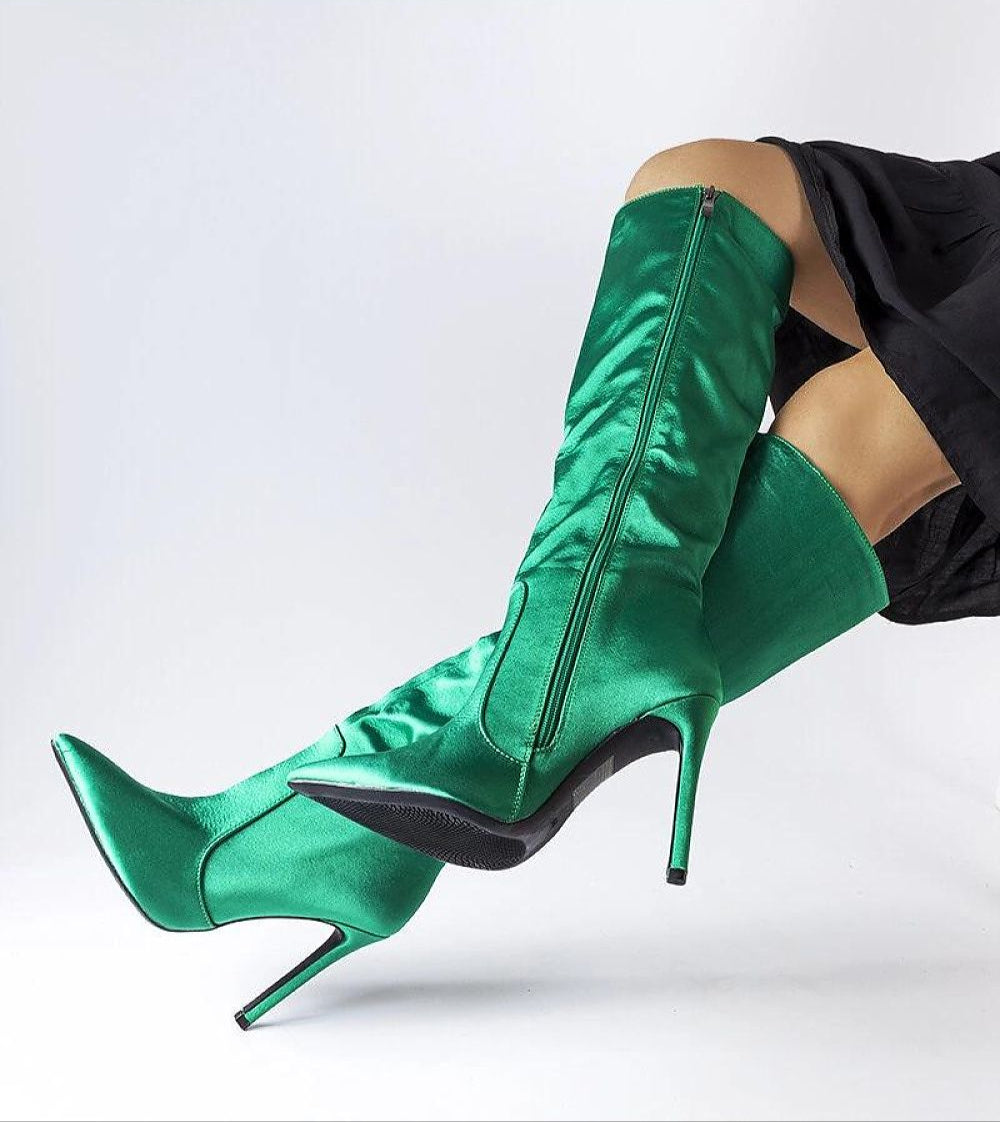 Marlengo deep green stiletto boots with pointed toe and 11 cm heel, featuring side zipper, ideal for autumn and spring fashion.
