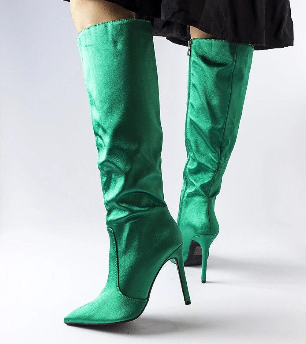 Marlengo Deep Green Stiletto Boots with pointed toe and high 11 cm heel, showcasing bold elegance and contemporary edge for chic style.