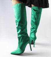 Marlengo Deep Green Stiletto Boots with pointed toe and high 11 cm heel, showcasing bold elegance and contemporary edge for chic style.