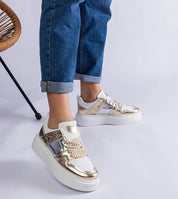 Olyssia Layered Shine Lace Sneakers with eco leather upper, bold design, and 4 cm rubber sole for comfort and style.