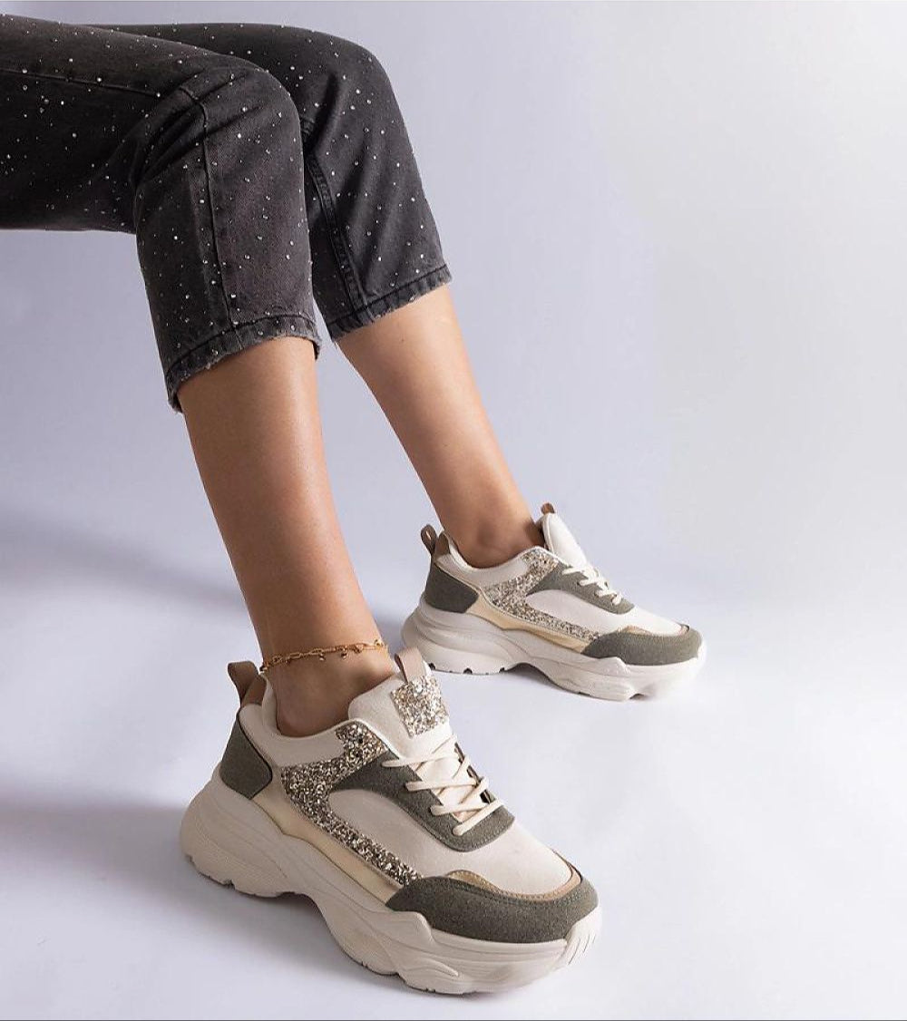 Alt Tag: Elyvanna Brocade Panel Suede Sneakers with thick white soles and brocade accents, offering style and comfort in every step.