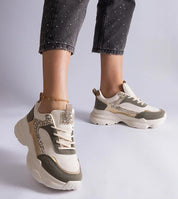 Women's Elyvanna Brocade Panel Suede Sneakers with beige suede and shimmering brocade accents, featuring a thick white rubber sole.