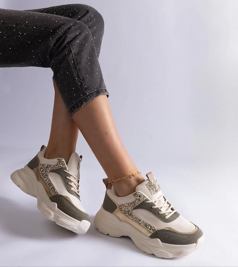 Elyvanna Brocade Panel Suede Sneakers with thick white sole, featuring shimmering brocade accents and beige suede for stylish comfort.