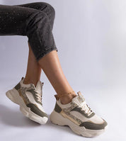Elyvanna Brocade Panel Suede Sneakers with thick white sole, featuring shimmering brocade accents and beige suede for stylish comfort.