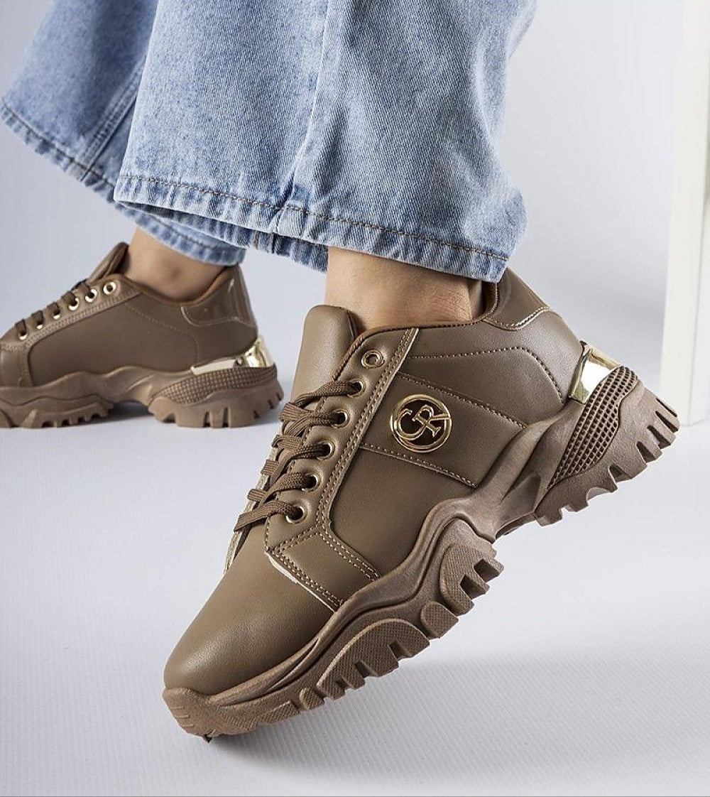 Alt Tag: Arpaia Chunky Brown Sneakers for Women with eco leather, thick rubber sole, and classic lacing, perfect for casual wear.