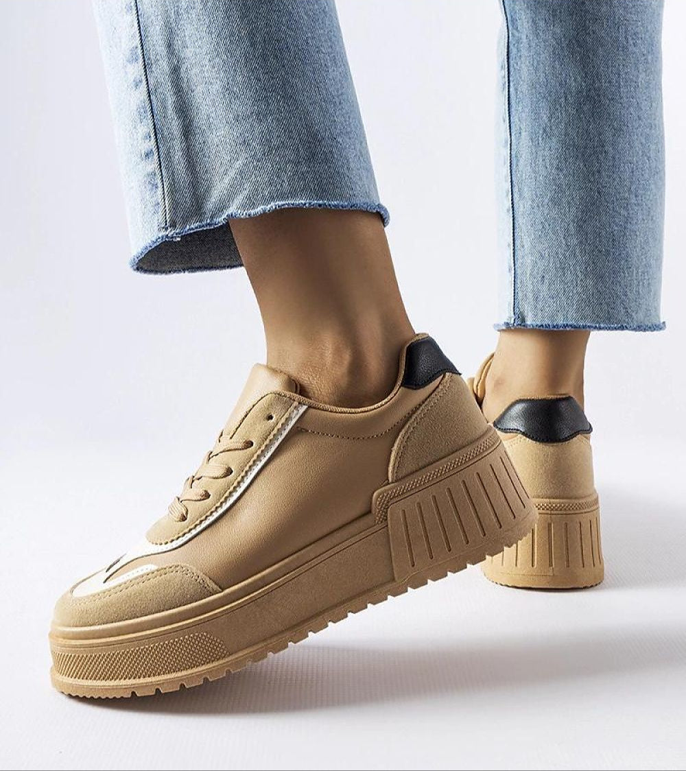 Eralina Flexible Sole Summer Sneakers in dark beige with 5 cm heel, classic lace-up style, ideal for warm weather and city walks.