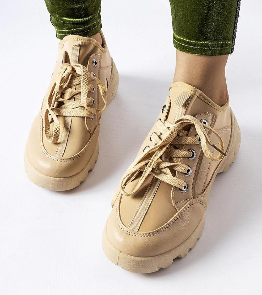 Eralina Flexible Sole Summer Sneakers in dark beige with lace-up closure, 5 cm heel, perfect for spring and summer comfort and style.