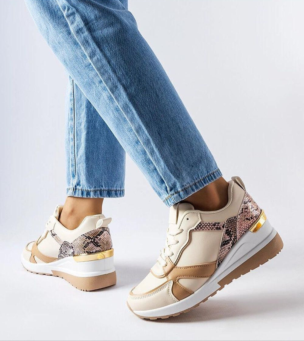 Beige Nerelda Lace-Up Wedge Sneakers with Faux Suede and Textured Sole