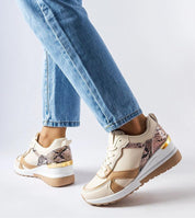 Beige Nerelda Lace-Up Wedge Sneakers with Faux Suede and Textured Sole