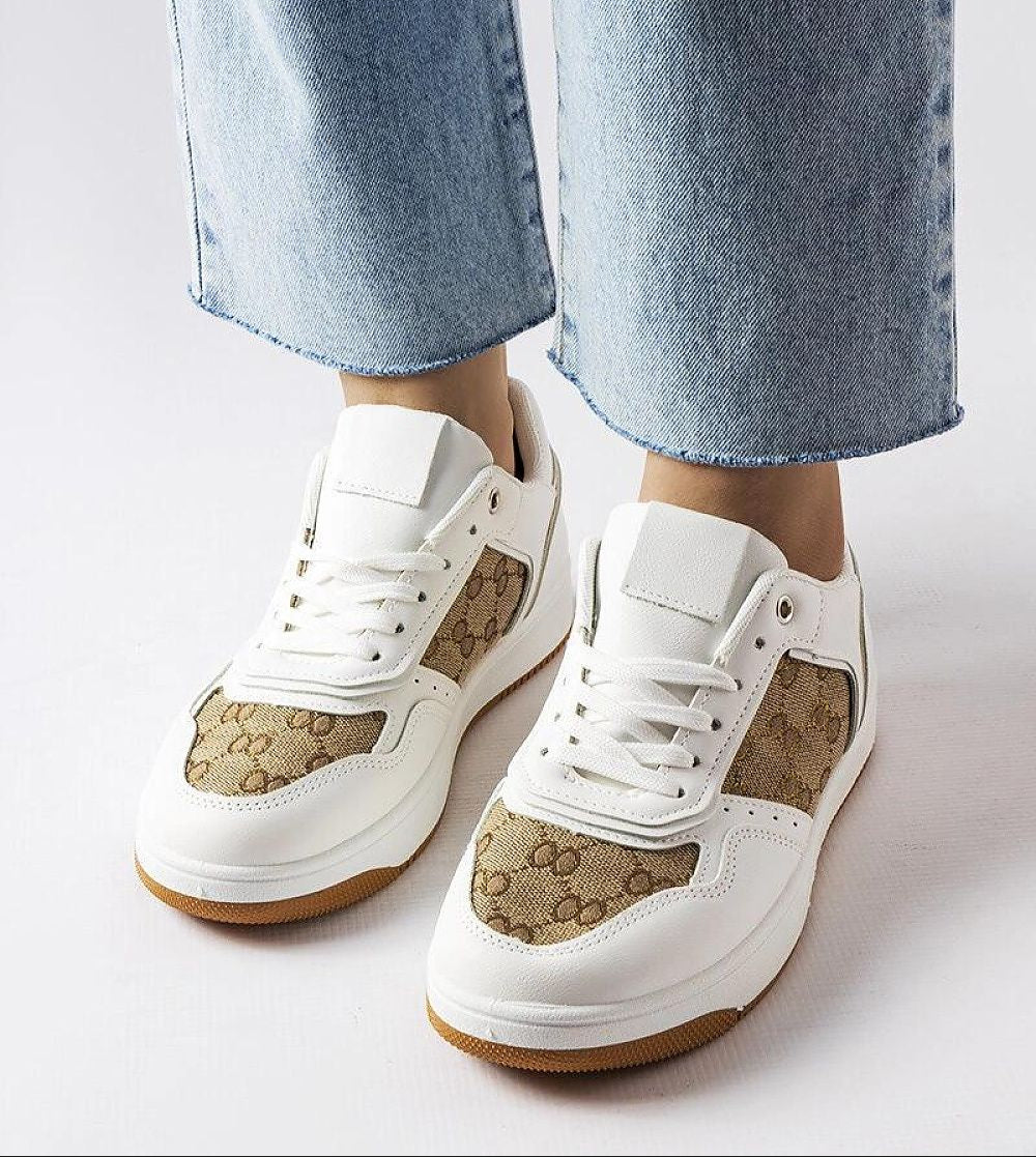 Melienne White Monogram Lace-Up Sneakers with eco-leather design and flexible rubber sole, ideal for casual summer outings.