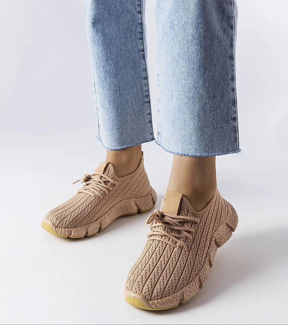 Belaria Beige Summer Sport Sneakers with breathable fabric and durable yellow sole, ideal for casual outings and active days.