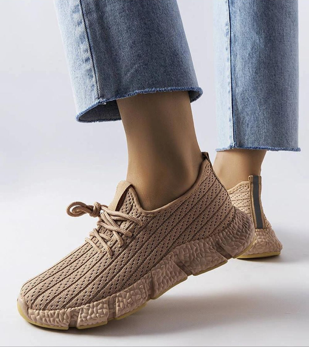 Belaria Beige Summer Sport Sneakers with breathable fabric and yellow rubber soles, ideal for active days and casual outings.