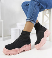 Velaria Black & Pink Slip-On Sneakers with bold color blocking, featuring black textile upper and pink sole for modern summer style.