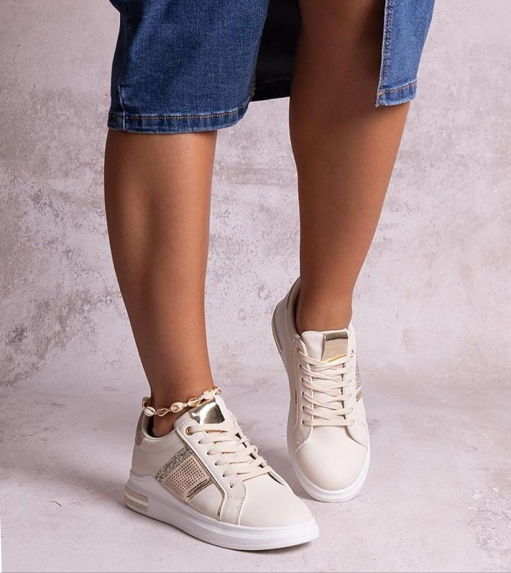 Meralla Rhinestone Platform Sneakers in beige with shimmering rhinestone accents, lace-up design, and 4 cm stable sole for elegant style.