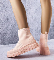 Viondra Stretch Knit Platform Sneakers in soft pink with sock-like upper and sculpted platform, showcasing flexible slip-on design.