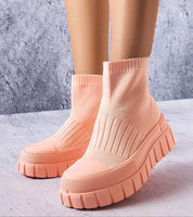 Viondra peach knit platform sneakers with 6cm sculpted sole, slip-on design for comfort and style, perfect for warm-season wear.