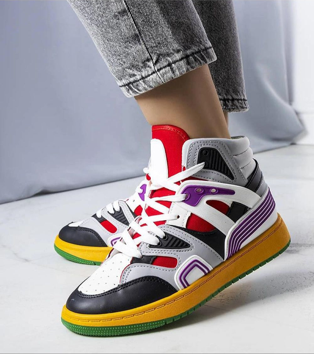 Colorful high-top sneakers with eco leather, featuring a sculpted rubber sole, shown worn with jeans for casual style.