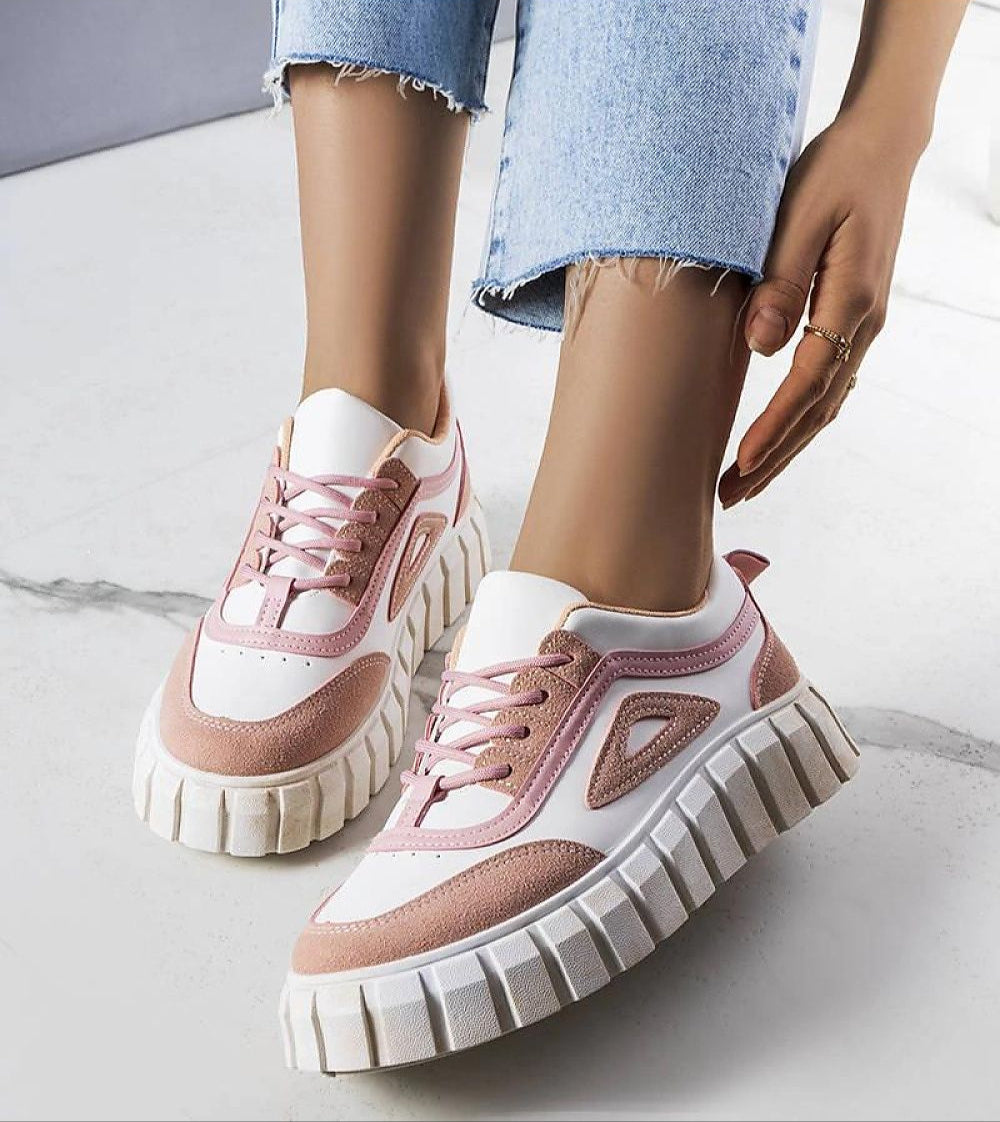 Elvenza Grooved Sole Ankle Sneakers with pink and white design, featuring a chunky 5 cm rubber sole and bold stitching.