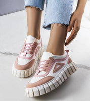 Elvenza Grooved Sole Ankle Sneakers with pink and white design, featuring a chunky 5 cm rubber sole and bold stitching.