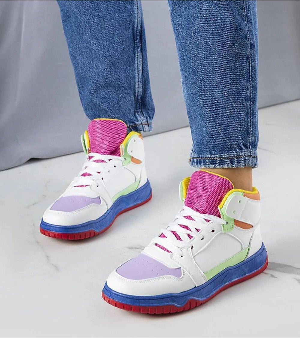 Colorful ankle sneakers with suede-effect finish and eco leather, worn with jeans. Features supportive ankle-high design and lace-up closure.