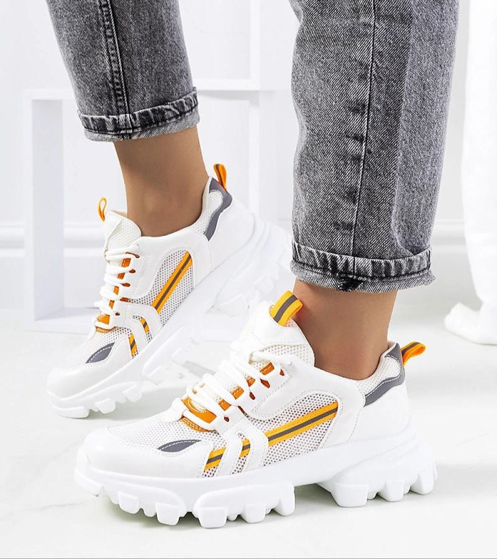 Seralyne Reflective Trim Platform Sneakers with eco leather upper, 4.5 cm sculpted sole, and lace-up closure for style and comfort.