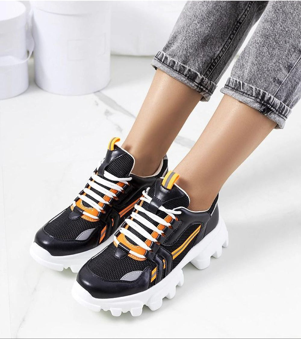 Seralyne reflective trim platform sneakers with eco leather upper, rubber soles, and lace-up closure for a sporty look on white background.