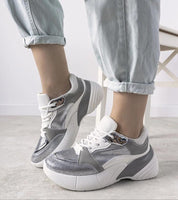 Zelphira Metallic Contrast Platform Sneakers with high white sole, silver eco leather, and cracked patent accents, perfect for autumn.