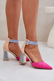 Avenira Suede Mirror-Heel Sandals with pink pointed toes, blue ankle strap, and gold mirrored heel, perfect for evening events.