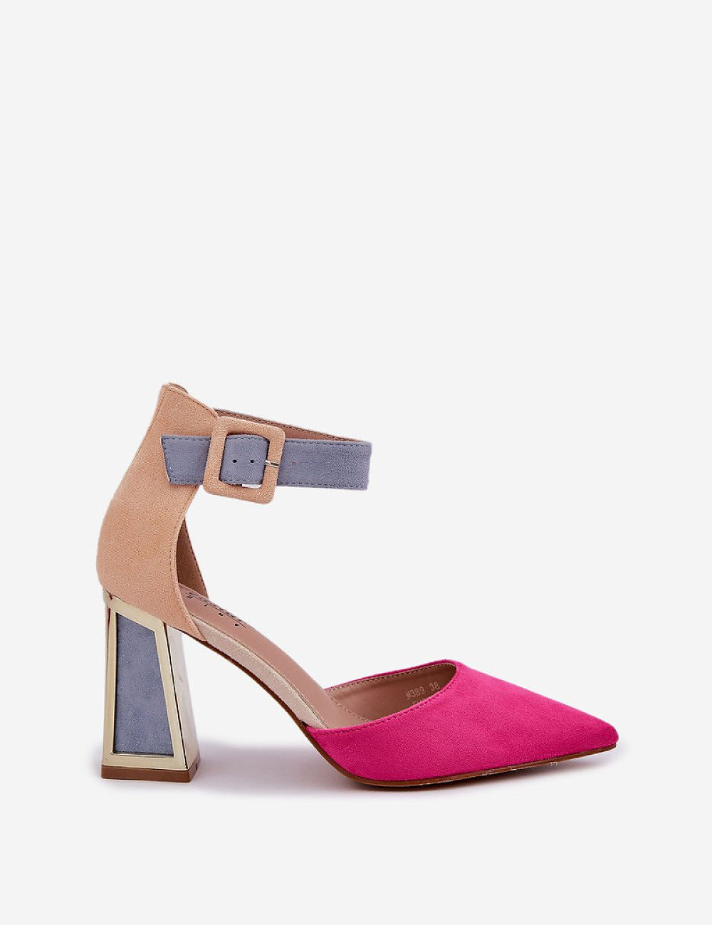 Avenira Suede Mirror-Heel Sandal in pink and nude with pointed toe, golden mirrored column heel, and ankle strap.