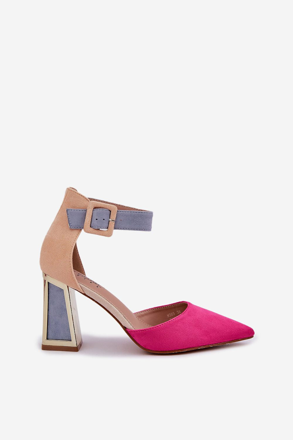 Avenira Suede Mirror-Heel Sandal in pink and nude with pointed toe, golden mirrored column heel, and ankle strap.