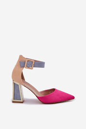 Avenira Suede Mirror-Heel Sandal in pink and nude with pointed toe, golden mirrored column heel, and ankle strap.