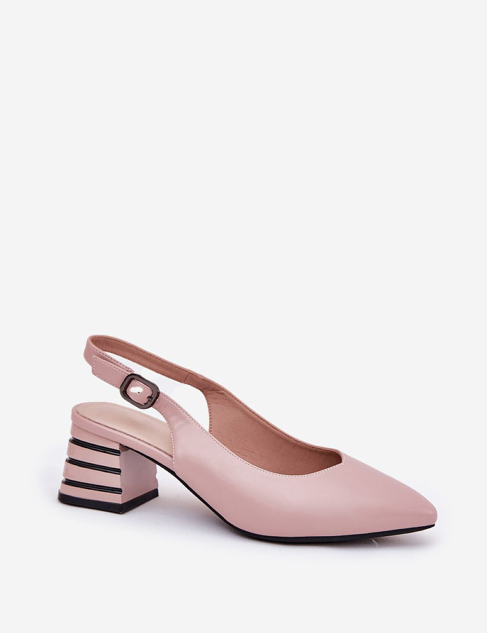 Elorelle pink column-heel sandals with pointed toe and ankle strap, crafted in eco leather for evening or daywear elegance.