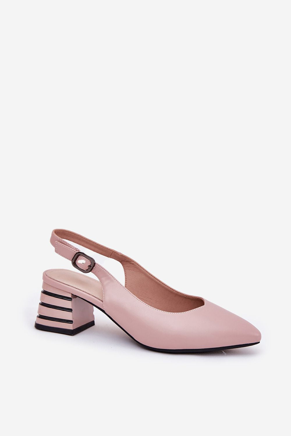 Elorelle pink column-heel sandals with pointed toe and ankle strap, crafted in eco leather for evening or daywear elegance.